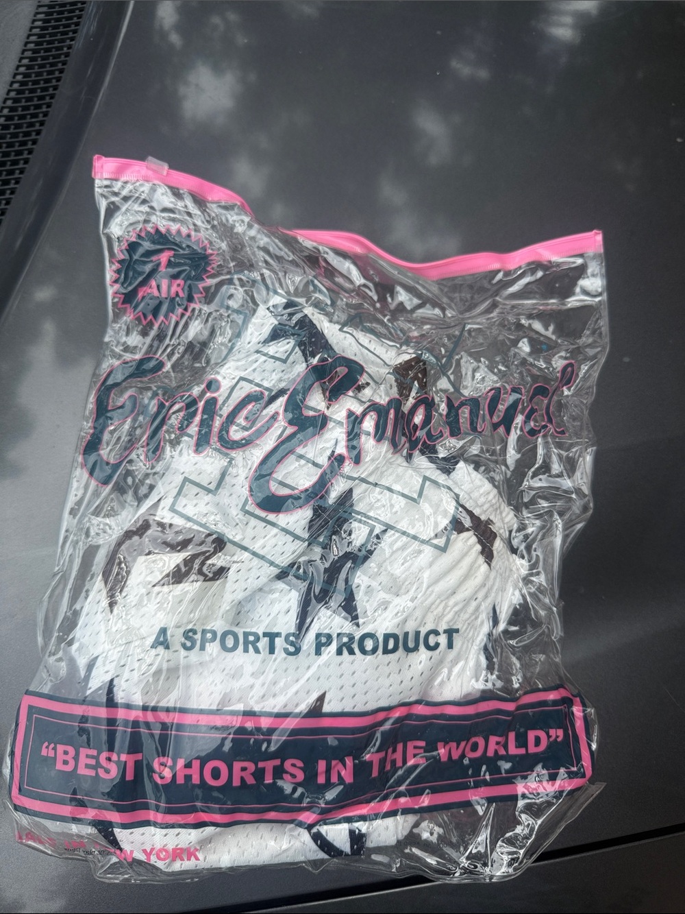 Eric Emanuel White Mesh Shorts with Pink-Trim Logo Packaging